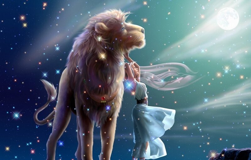 Woman and Lion in Stars — Blue, Serene