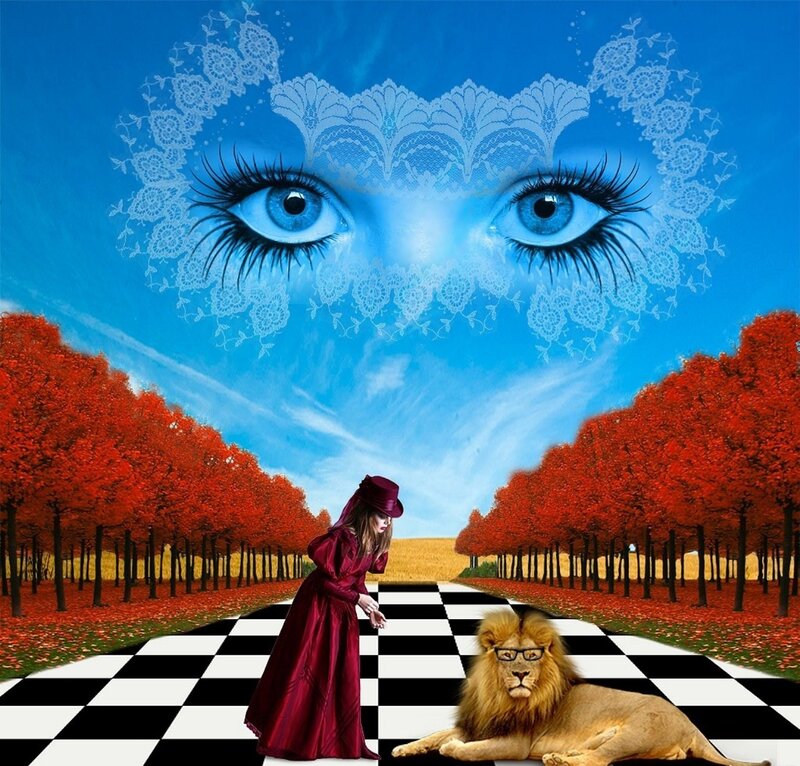 Woman and Lion on Chessboard