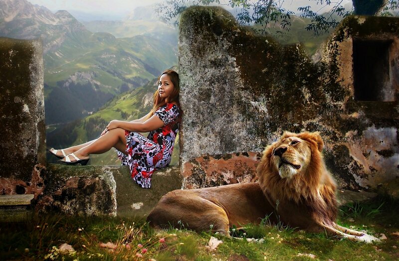 Woman and Lion on Ruins