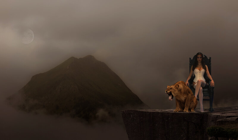 Woman and Lioness on Cliff