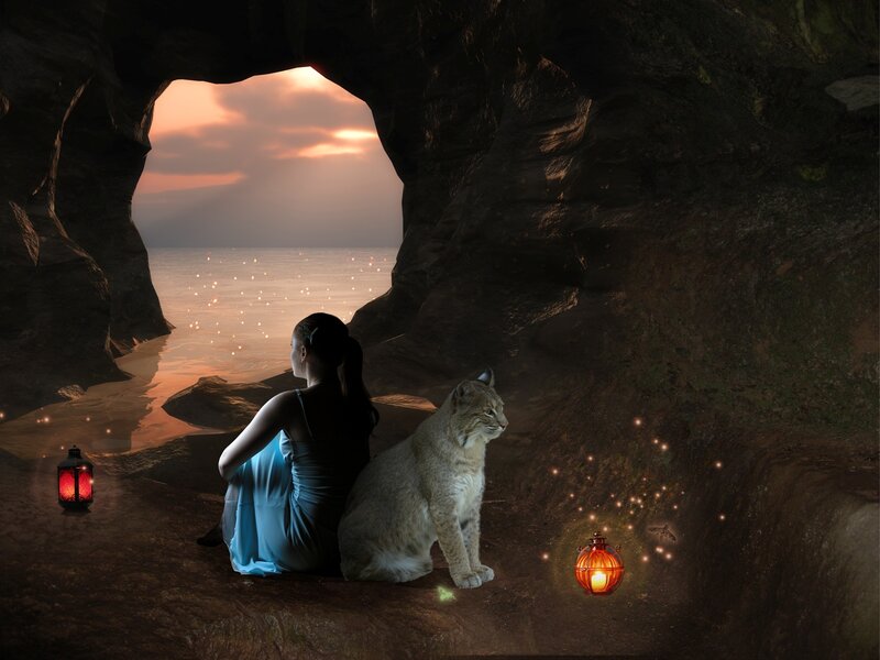 Woman and Lynx in Cave