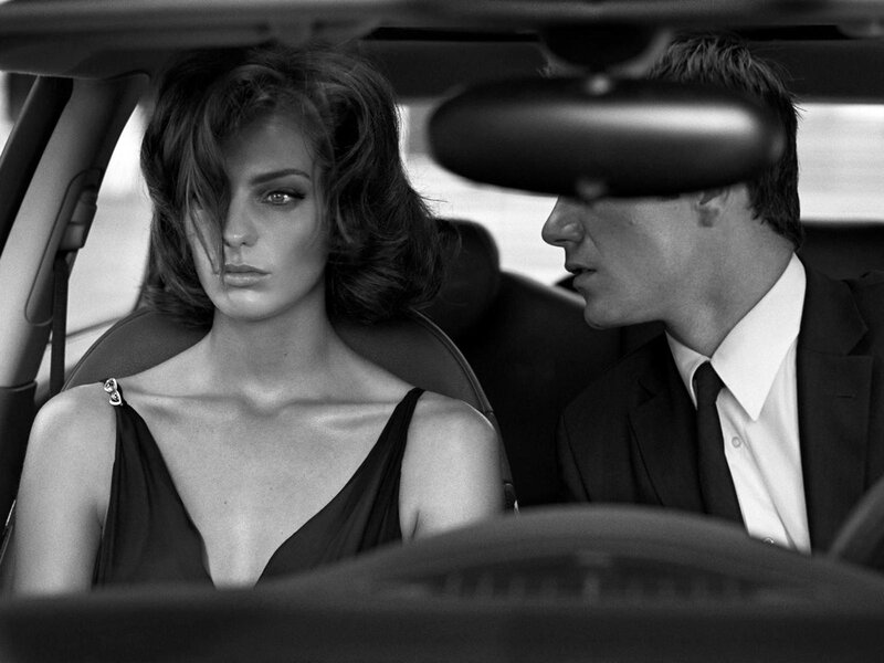 Woman and Man in Car — Black, Dramatic