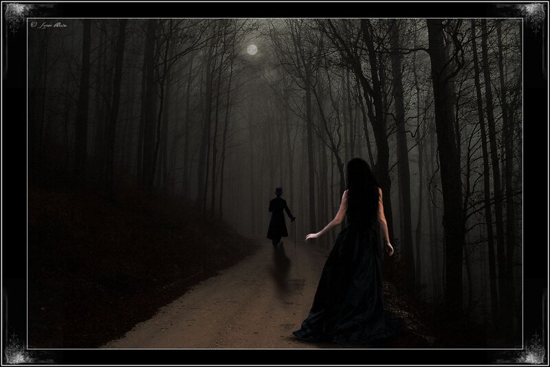Woman and Man in Forest — Black, Dark