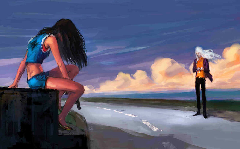 Woman and Man on Beach — Blue, Dramatic