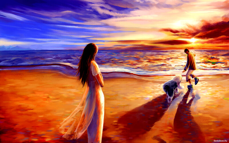 Woman and Man on Beach — Blue, Serene