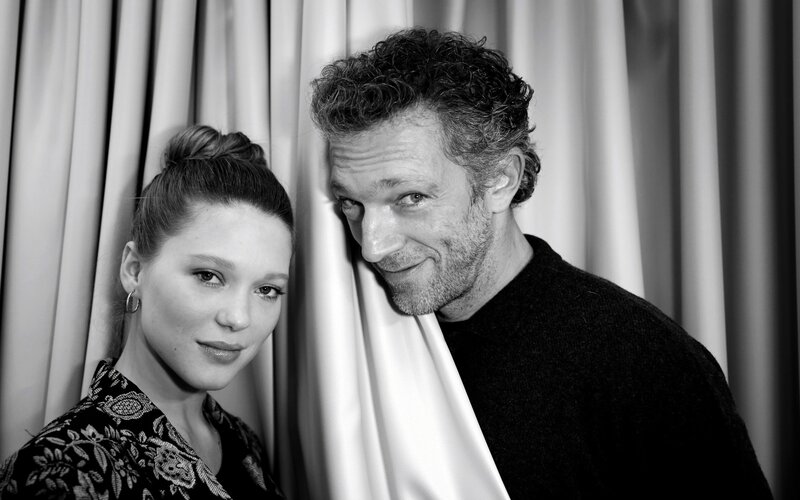 Woman and Man Posing — Black, Neutral, Photograph, Curtain