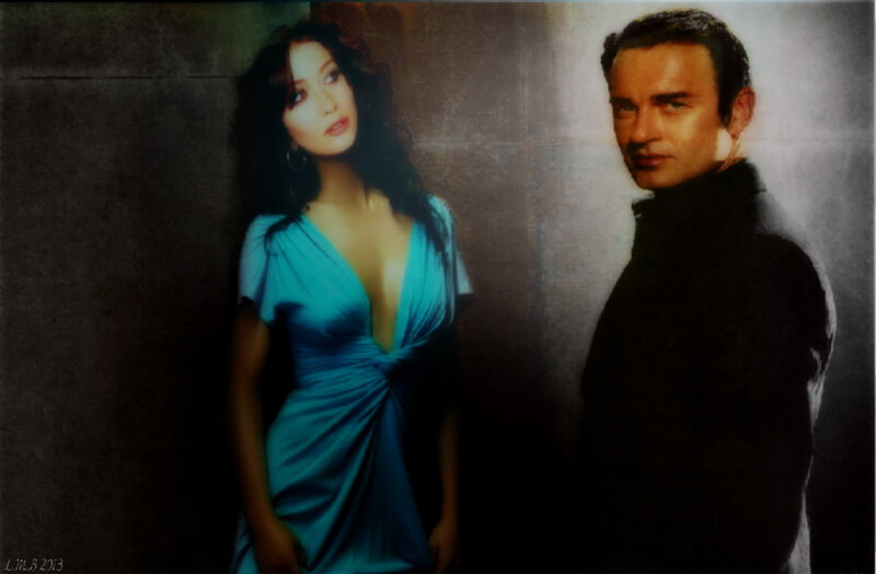 Woman and Man Standing — Blue, Dramatic, Photograph