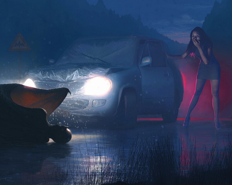 Woman and Monster at Night — Blue, Dramatic
