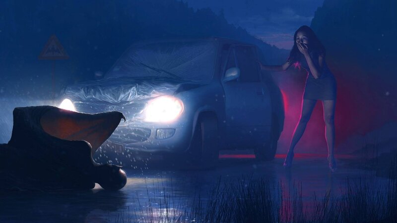 Woman and Monster at Night — Blue