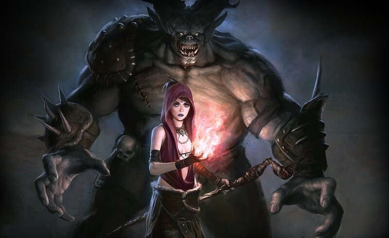 Woman and Monster — Black, Dramatic, Night, Digital Art