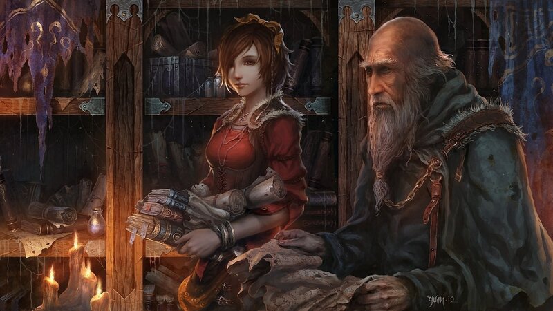 Woman and Old Man in Room — Brown