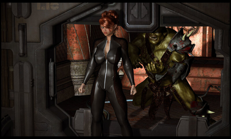 Woman and Orc in Corridor