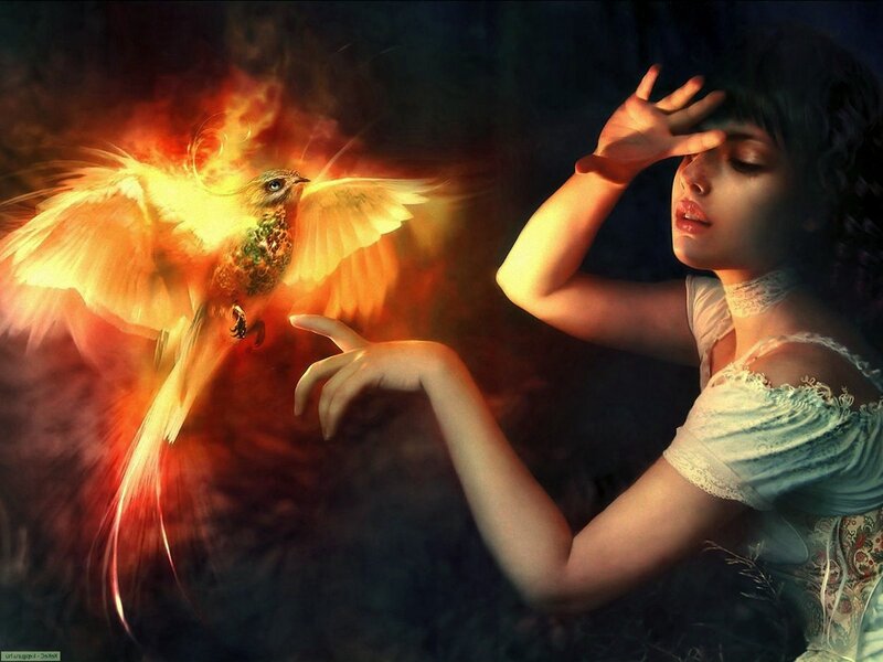 woman and phoenix bird