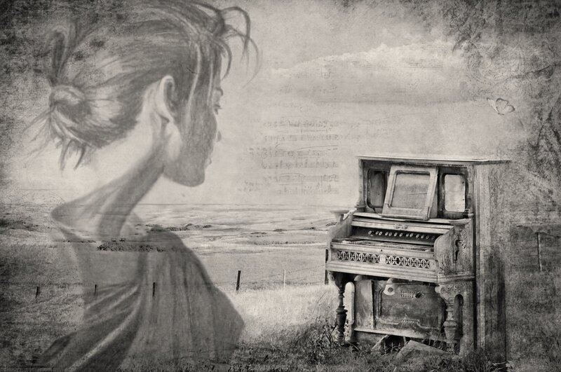 Woman and Piano in Field
