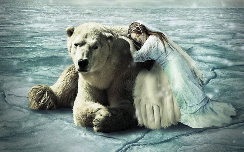 Woman and Polar Bear — White, Serene