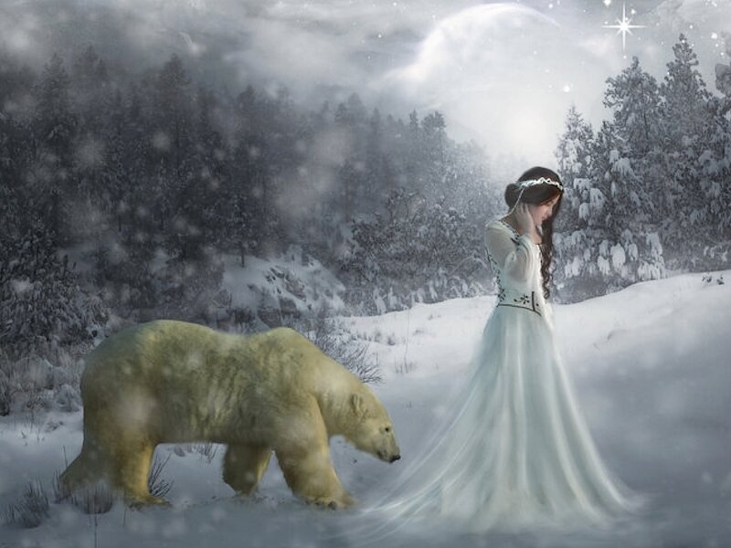 Woman and Polar Bear — White