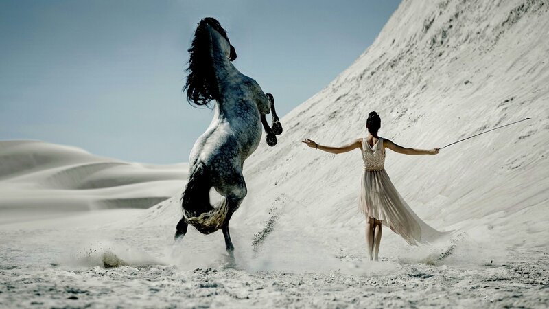 Woman and Rearing Horse — White, Dramatic, Afternoon