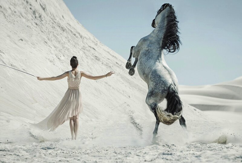 Woman and Rearing Horse — White, Dramatic