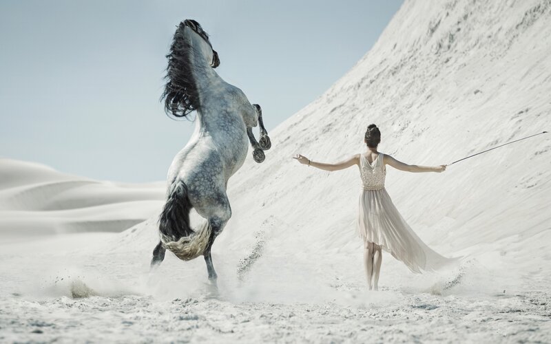 Woman and Rearing Horse — White