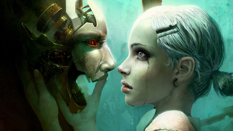 Woman and Robot Face — Green, Dramatic, Digital Art, Tear