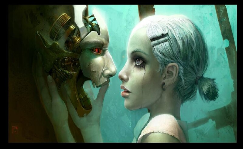 Woman and Robot Face — Green, Dramatic