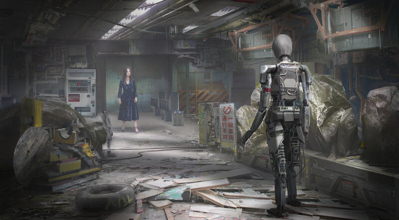 Woman and Robot in Warehouse