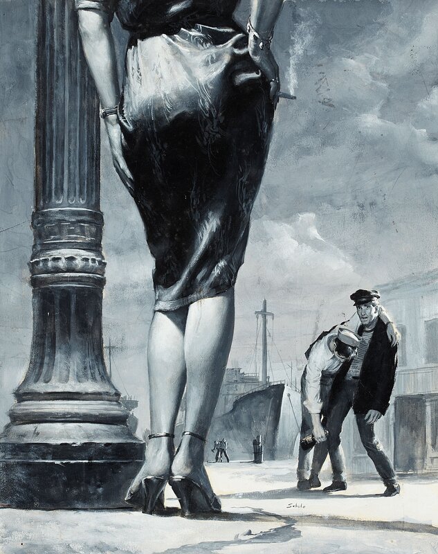woman and sailors at port