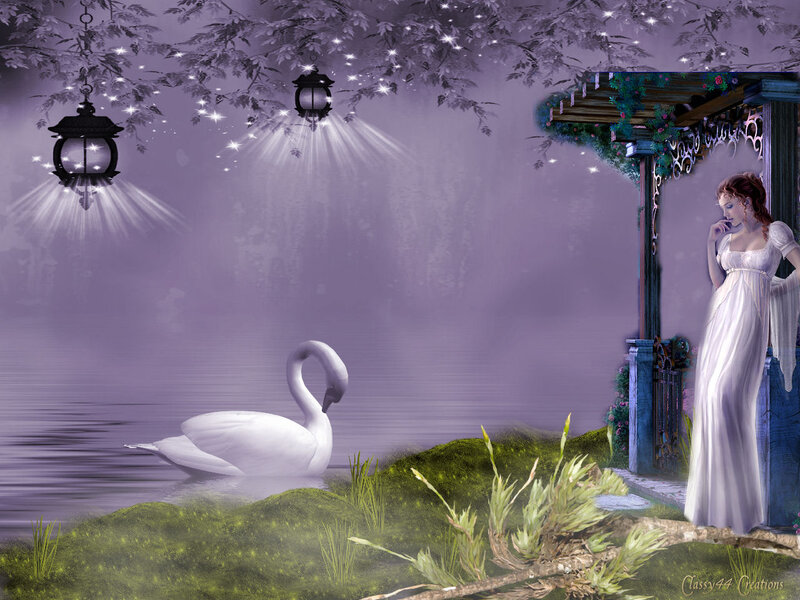 Woman and Swan by Lake