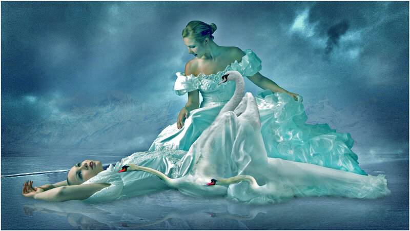 Woman and Swan on Ice — Blue
