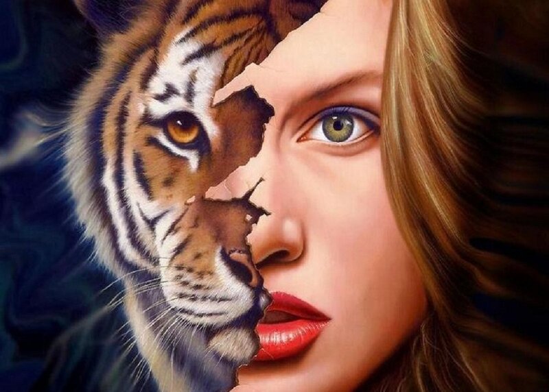Woman and Tiger Face — Brown, Dramatic