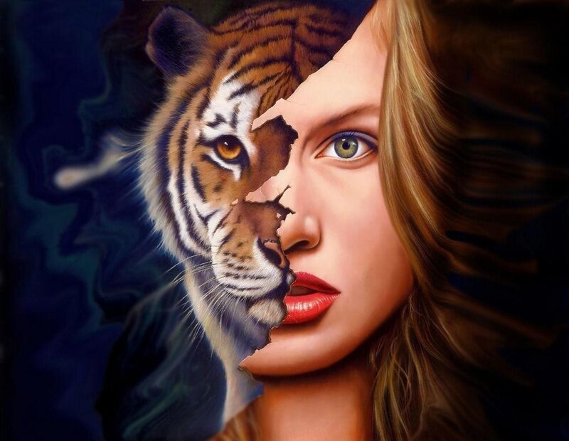 woman and tiger face merge