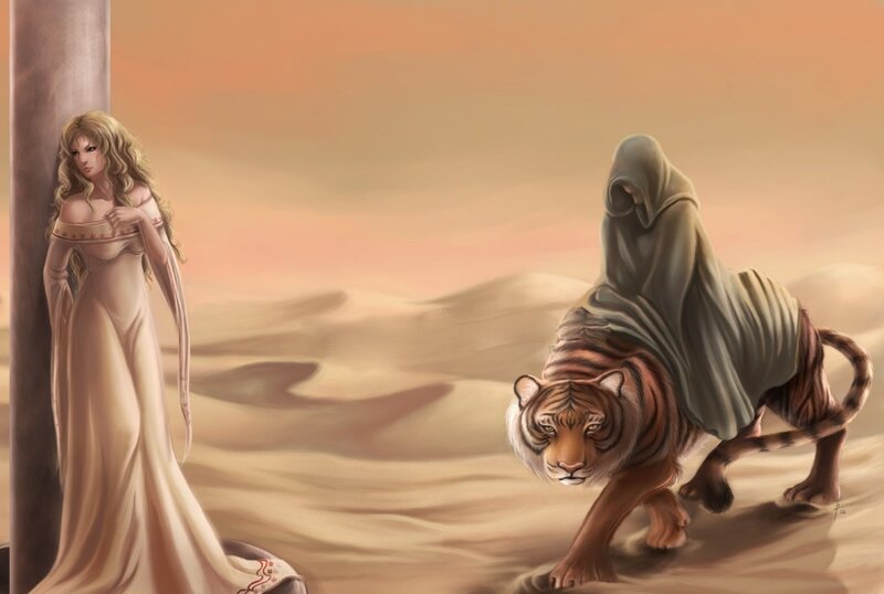 Woman and Tiger in Desert
