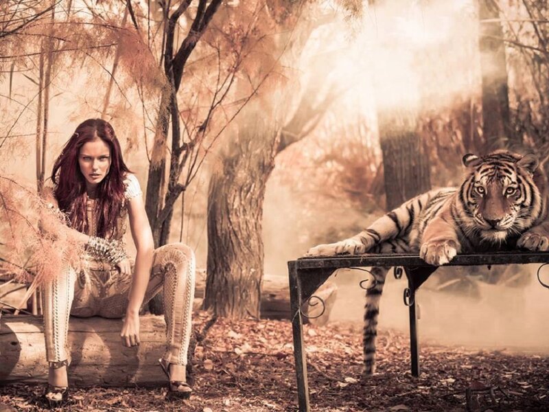 Woman and Tiger in Forest — Brown