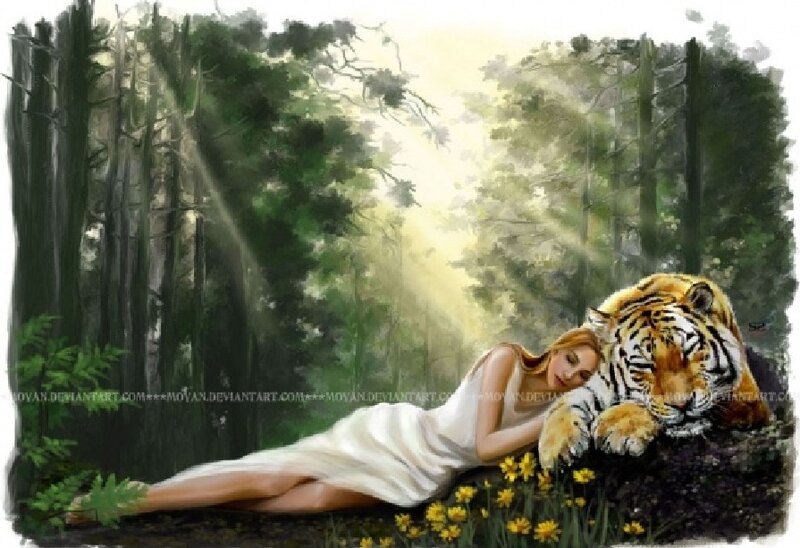 Woman and Tiger in Forest — Green