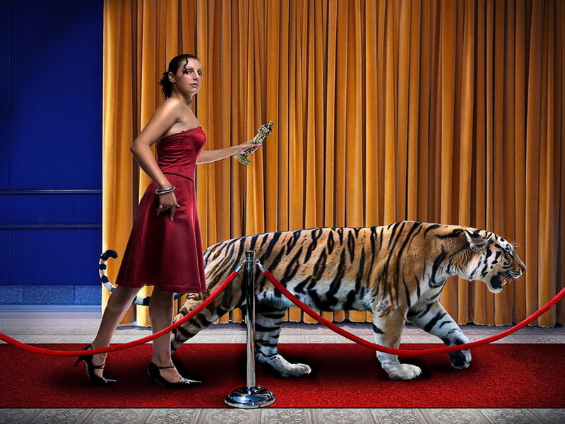 Woman and Tiger on Red Carpet