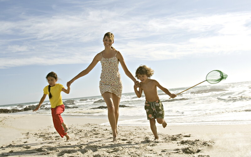 Woman and Two Children — Blue