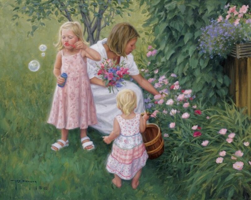 Woman and Two Girls in Garden