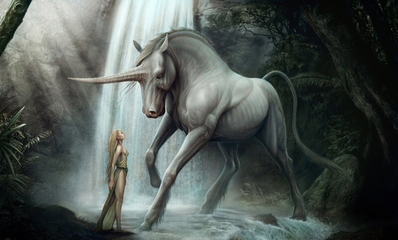 Woman and unicorn by waterfall