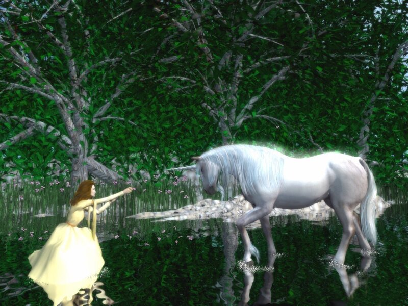 woman and unicorn in forest