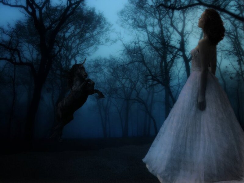 Woman and Unicorn in Forest — Blue
