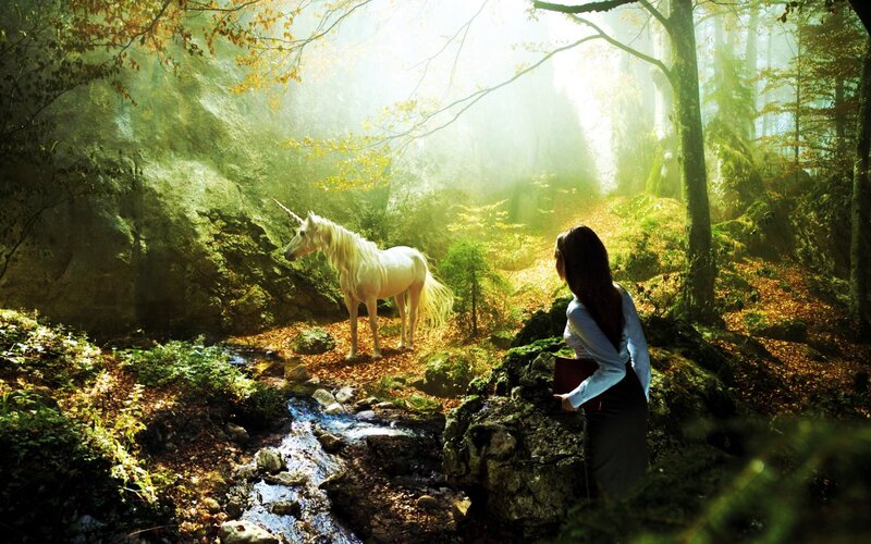 Woman and Unicorn in Forest — Green, Serene, Autumn