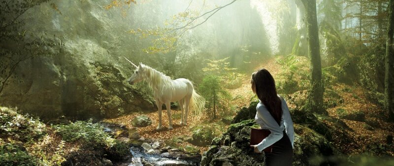Woman and Unicorn in Forest — Green, Serene, Morning