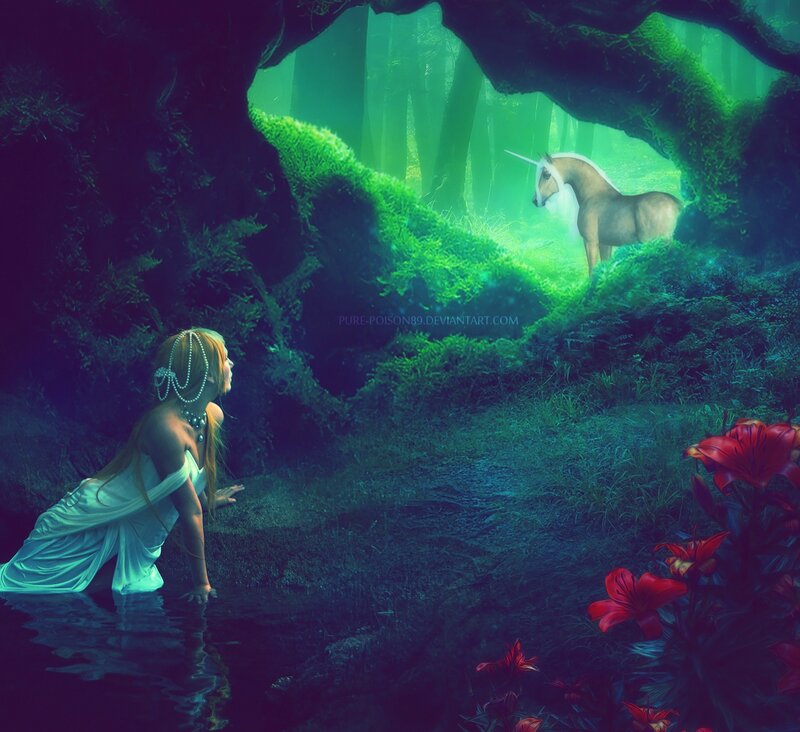 Woman and Unicorn in Forest — Green, Serene, Night