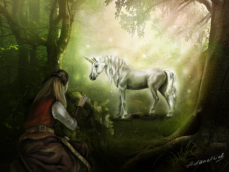 Woman and Unicorn in Forest — Green