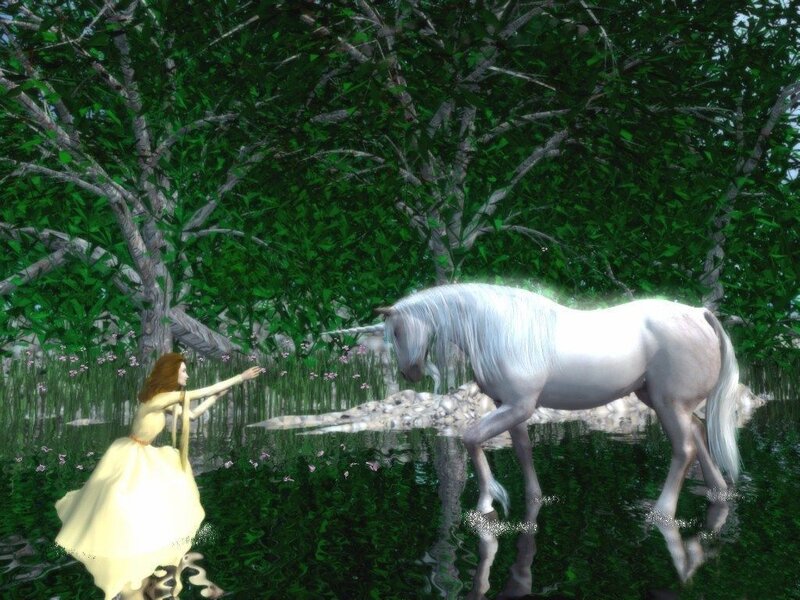woman and unicorn in forest