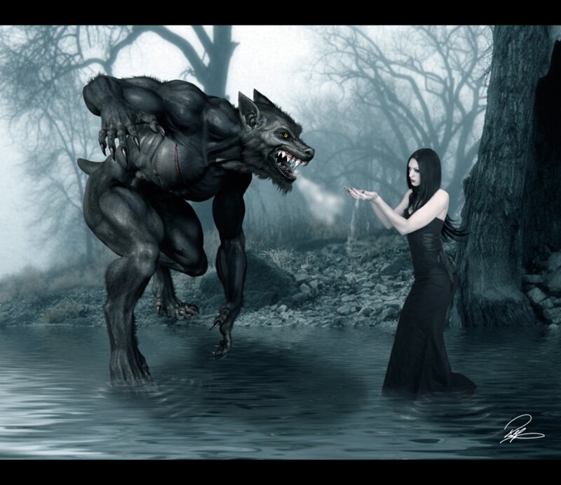 Woman and Werewolf — Black, Dramatic, Night
