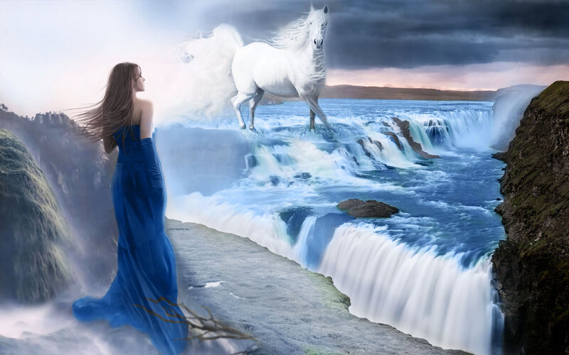 Woman and White Horse — Blue, Dramatic