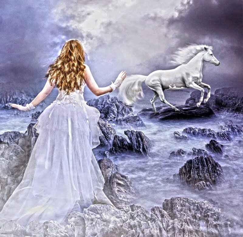 Woman and White Horse — Dramatic, Digital Art