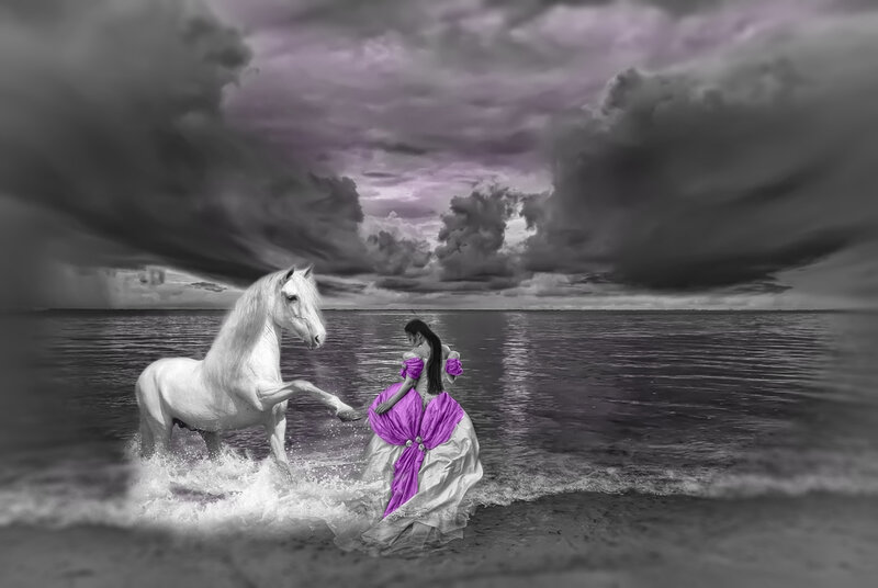 Woman and White Horse — Purple, Dramatic