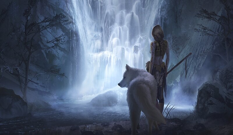 Woman and White Wolf — Blue, Serene, Night